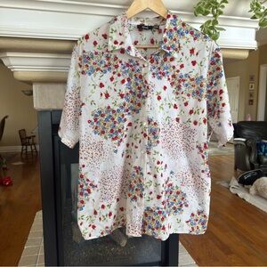 Vintage Tapesty White Cotton Button Down Floral Garden Cottage M/L